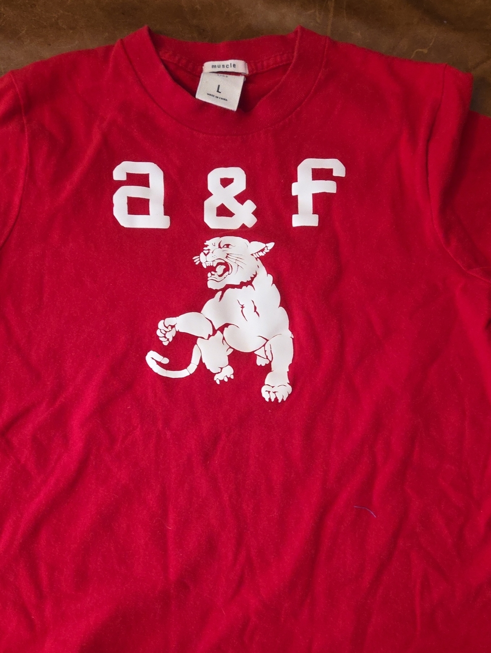Abercrombie & Fitch Red Kids Graphic Tee with White Panther Logo Size L